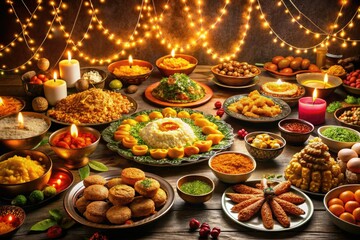 Naklejka premium Diwali Feast with Indian Dishes and Sweets on a Decorated Table - 3D Illustration for Festive Celebrations