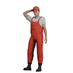 Automotive Repair Expert 3D Model. A male mechanic stands with his left hand behind his head. Mechanic Cartoon