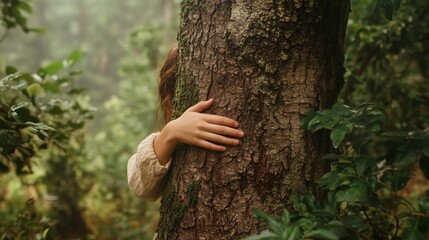 A girl is hugging a tree trunk. The trunk is covered in moss. The girl is wearing a white shirt
