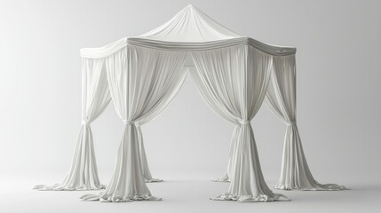 A stunning white gazebo draped in flowing fabric, creating a serene and elegant atmosphere perfect for events or gatherings.