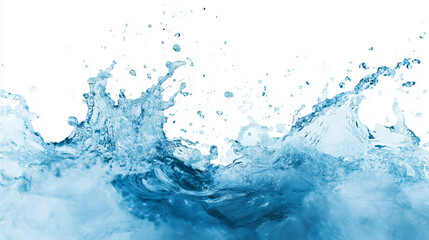 Błękitna woda rozpryskująca się na tle czystej bieli, tworząc delikatne, krystaliczne kształty, które zatrzymują chwilę ruchu i dają wrażenie czystości oraz płynności.