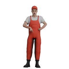 3D Illustration of Male Mechanic.A male mechanic stands with his left hand pointing down with an angry expression. Car Service Specialist