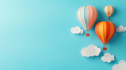 Obraz premium Colorful paper hot air balloons floating in a bright blue sky with soft clouds for a whimsical touch