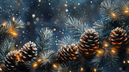 Świąteczna dekoracja w postaci ośnieżonych szyszek na zielonych gałązkach jodły z lampkami. Subtelne światło odbija się od bieli śniegu, tworząc ciepły, świąteczny bożonarodzeniowy nastr&oacute;j.