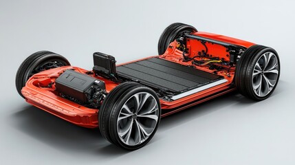 Electric Vehicle Chassis with Battery Pack and Wheels Showcasing Modern Automotive Engineering and Sustainable Technology