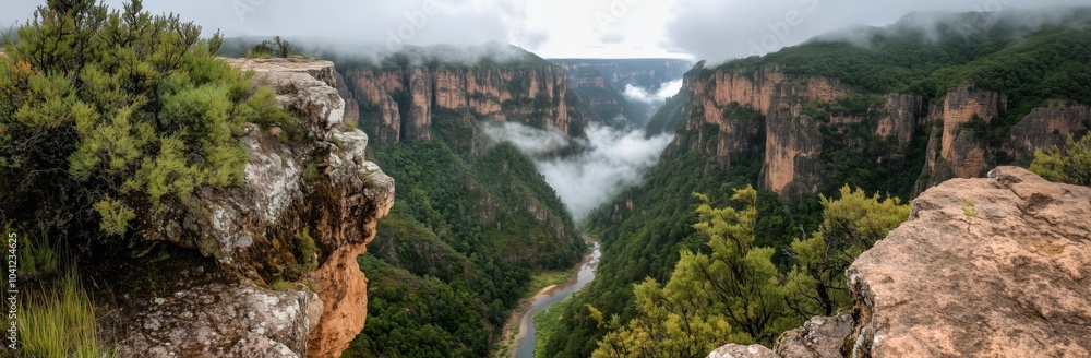 Poster a mountain range with a river running through it. the river is surrounded by trees and the sky is cl