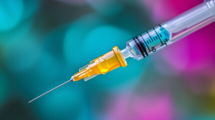 Strzykawka medyczna w zbliżeniu, wypełniona jasnym płynem szczepionki, gotowa do podania. Igła błyszczy w świetle, podkreślając precyzję narzędzia.