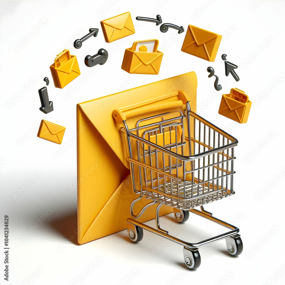 Poster 3d envelope transforming shopping cart medium shot surreal sequence symbolizing offers to purchases 