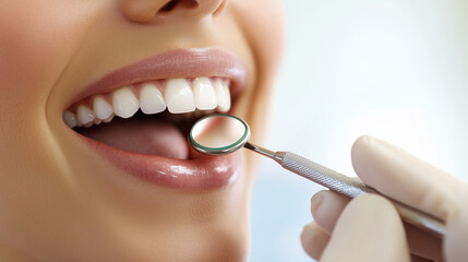 Obraz premium Twarz kobiety w trakcie przeglądu dentystycznego, lśniące narzędzia stomatologiczne odbijają światło, a lekarz precyzyjnie ocenia zdrowie jamy ustnej.