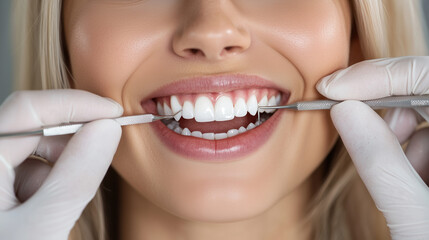Twarz kobiety w trakcie przeglądu dentystycznego, lśniące narzędzia stomatologiczne odbijają światło, a lekarz precyzyjnie ocenia zdrowie jamy ustnej.