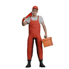 Male Mechanic Character. A male mechanic stands holding a wrench in his left hand and a tool box in his right hand. 3D Auto Technician