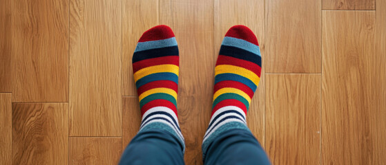 A vibrant view of striped socks on wooden flooring, showcasing colorful patterns that add a playful touch to a cozy environment.