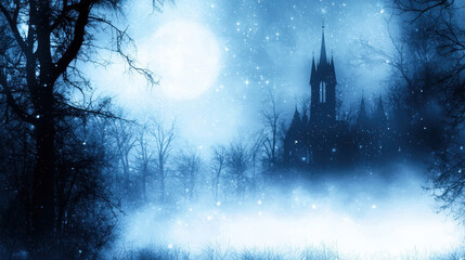 mysterious winter night scene featuring dark castle silhouette against full moon, surrounded by snowflakes and barren trees, evokes sense of enchantment and intrigue