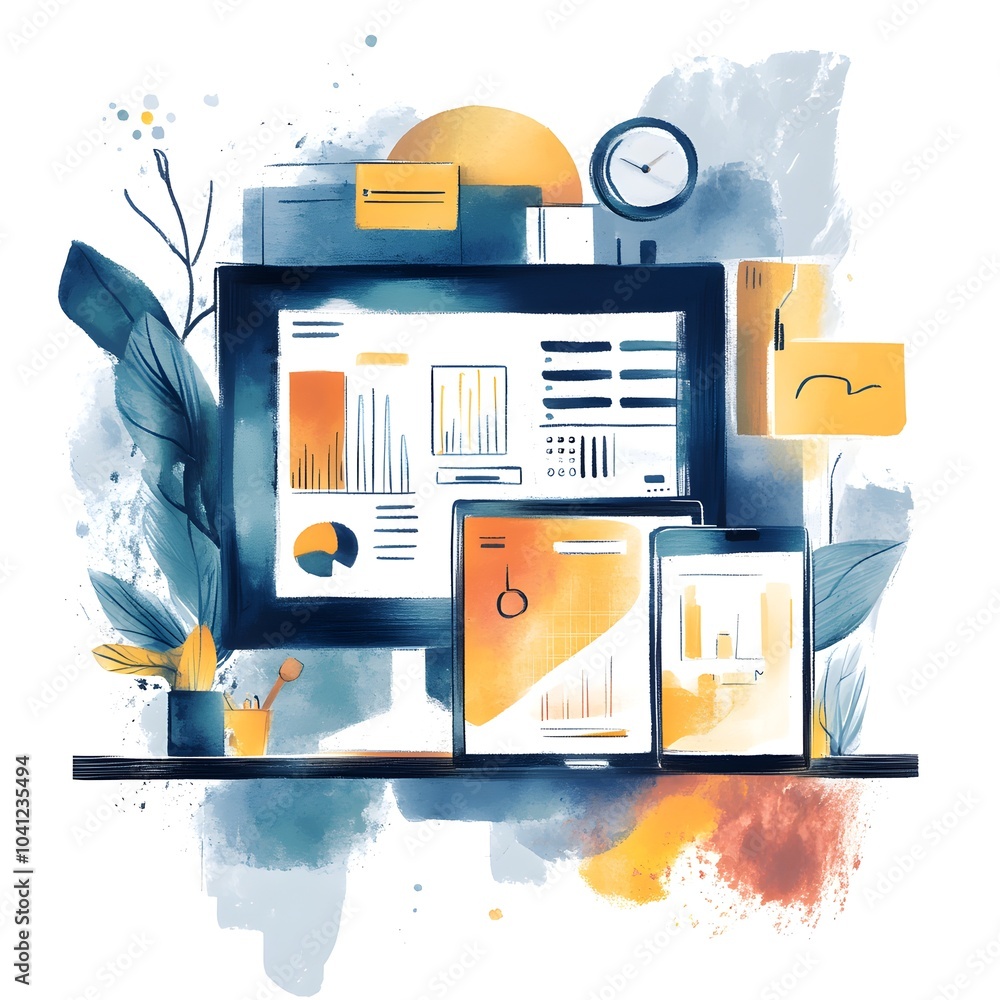 Poster business data analysis computer screen tablet smartphone and charts