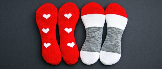 Colorful heart-patterned socks neatly arranged on a dark background, perfect for cozy, casual wear.