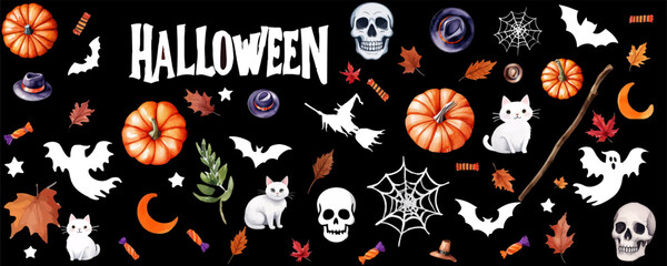 Fototapeta premium A set of scary items for celebrating Halloween. Vector graphics. 