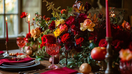 Autumn holiday tablescape and table decor, autumnal table setting with flowers and pumpkins, formal dinner event celebration party, beautiful cutlery, tableware and pumpkin decoration idea