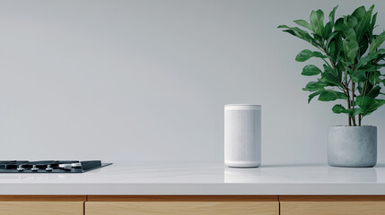 Modern kitchen setup featuring smart speaker and indoor plant for a contemporary living space