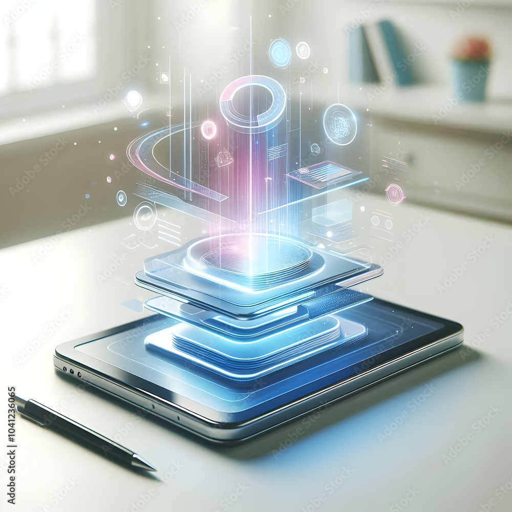 Poster 3d abstract holographic tablet floating minimalist workspace, glossy tablet with glowing holographic