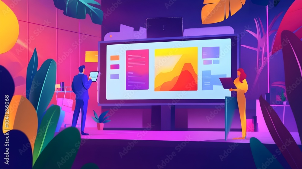 Poster two people working on design project with large monitor