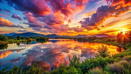 Dreamy Colorful Sunset Landscape - Breathtaking Panoramic View of Vibrant Sky and Serene Nature