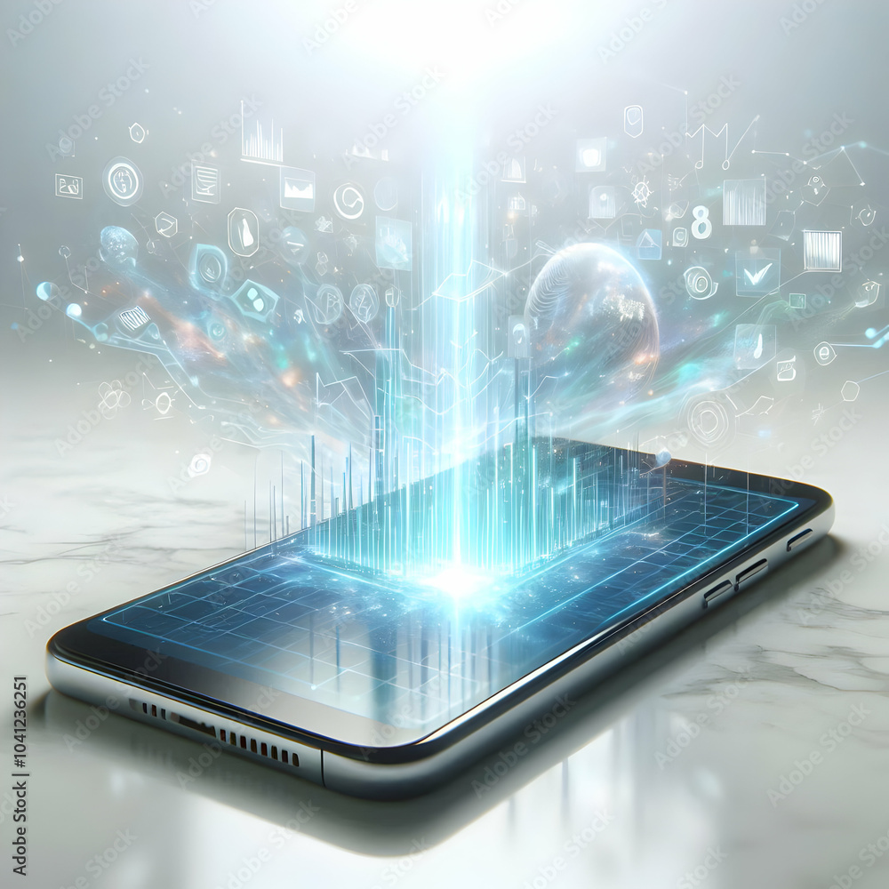 Aufkleber 3d smartphone holographic data streams concept glossy device marble background soft light bokeh tren