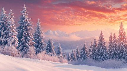 Zasypane śniegiem sosny rozciągają się wzdłuż horyzontu w mroźny zimowy wiecz&oacute;r.