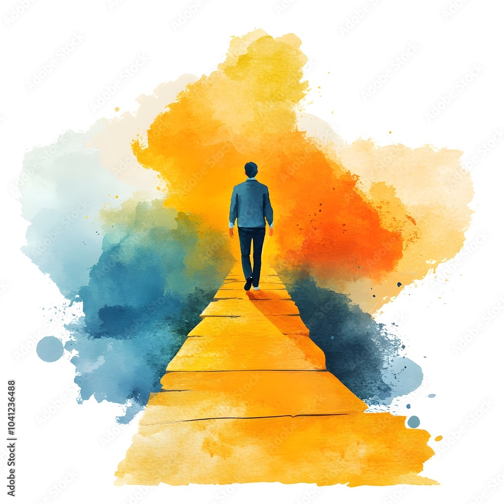 Poster man walking on a path towards a bright future with watercolor background