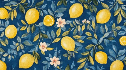 Lemons with floral and leaf decorations, arranged in a playful pattern on a vivid blue background.