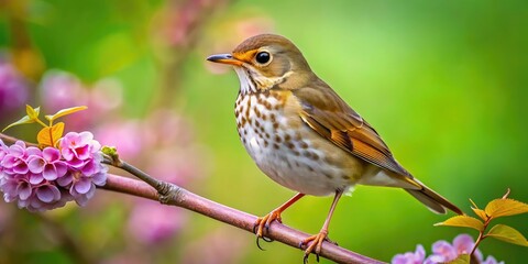 Fototapeta premium During spring migration, a Hermit Thrush rests on a branch, revealing its striking plumage while surrounded by a flourishing natural habitat, epitomizing nature's vibrant renewal.