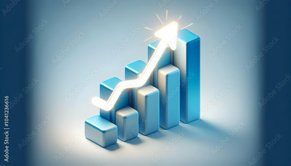 Poster 3d bar chart with glowing upward arrow for business growth infographic, floating bar chart symbolizi