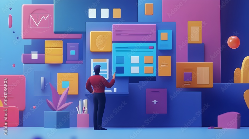 Poster man planning web design project with color blocks