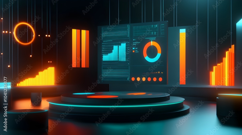 Poster futuristic data visualization studio with glowing neon charts and graphs