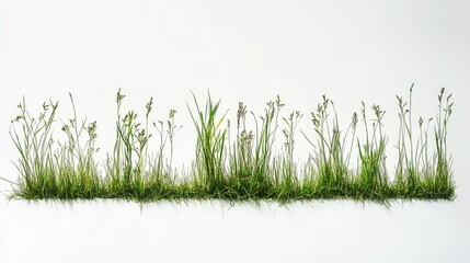 Fototapeta premium Line of verdant grass tufts, each with distinct shapes, against a white backdrop.