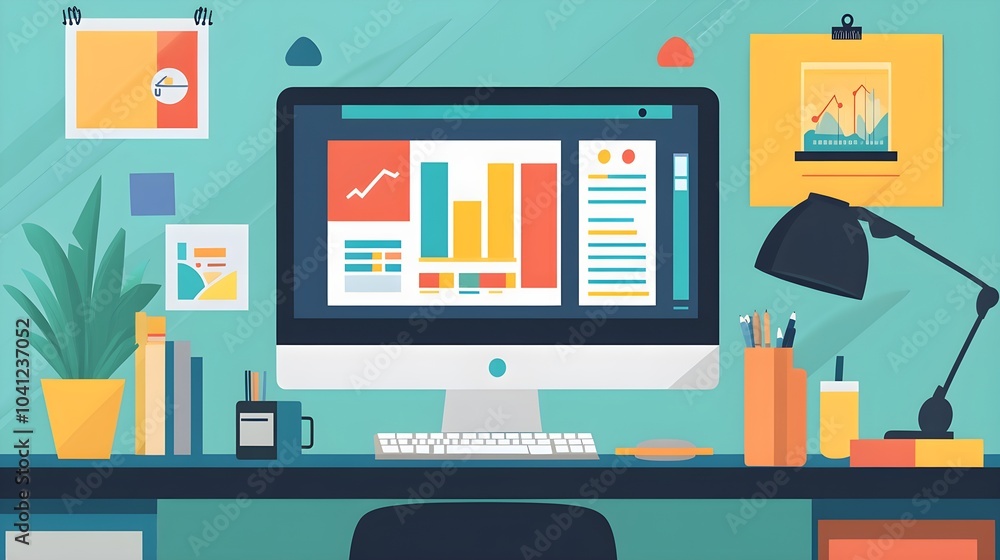 Poster modern workplace with computer and data analysis