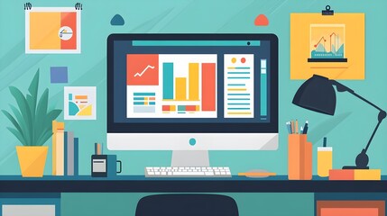 Modern Workplace with Computer and Data Analysis