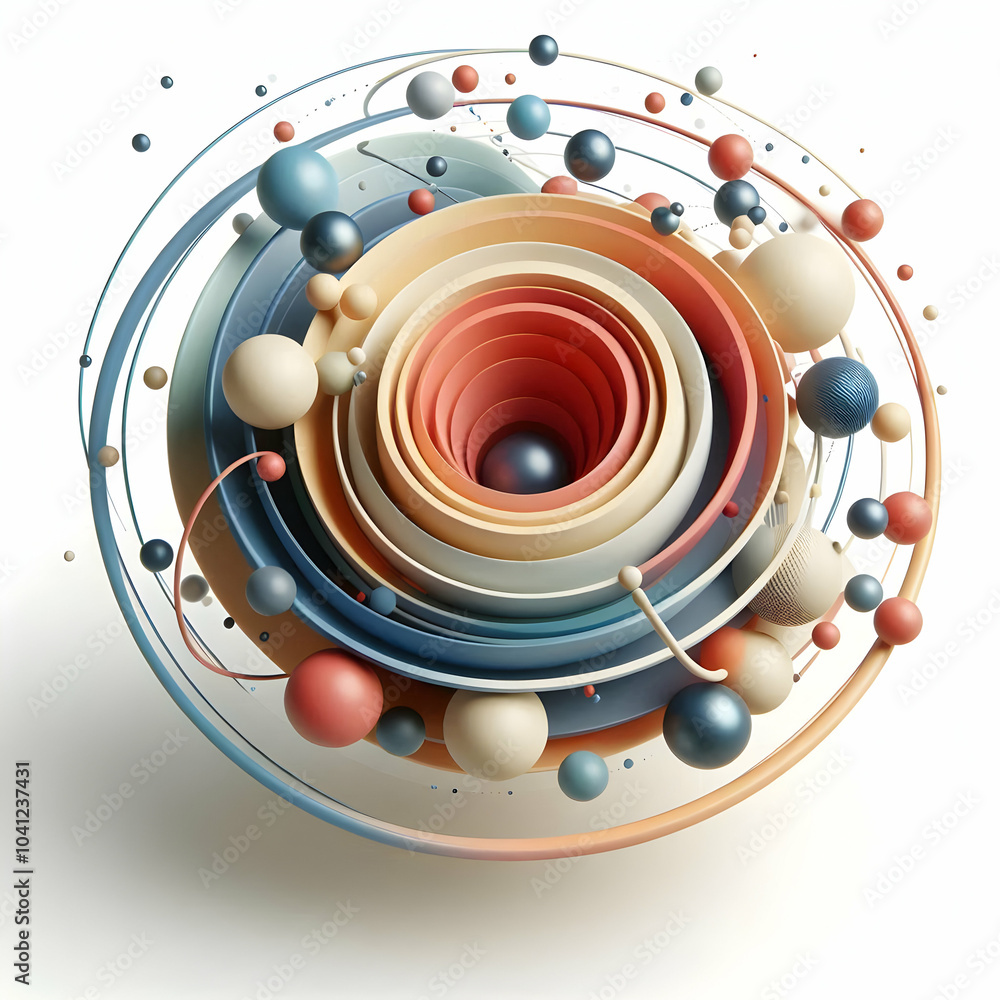 Poster 3d soft gradient spheres orbiting abstract core concept | wide shot gentle colored spheres encirclin