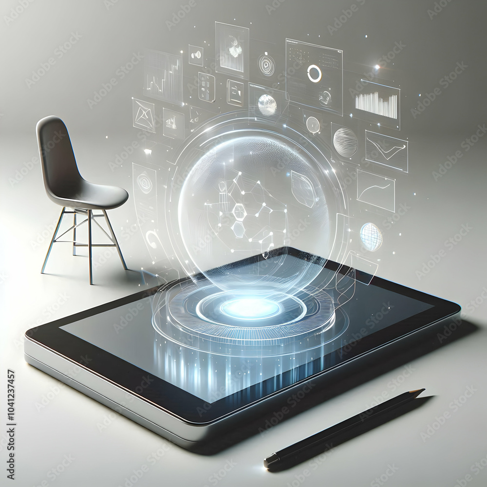 Poster 3d abstract holographic tablet floating minimalist workspace concept, sleek glossy tablet with glowi