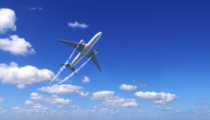 Horizontal nature background with aircraft and Jet trailing smoke in the sky. Airplane and condensation trail. Foggy trail jet and plane in blue sky with white clouds. Traveling the world concept