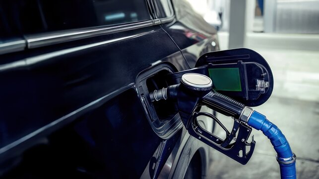 Close up of cng station pump beside black car green and white digital display on tank, cng fuel, gas station, digital display