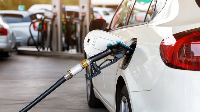 White car being refueled at a cng gas station close up of gas pump on car with visible tank from side angle, cng vehicle, gas station, fuel pump
