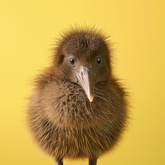 Fototapeta premium Close-up portrait of a kiwi bird in a professional studio setting with a vibrant yellow background, showcasing its distinctive features and natural beauty.