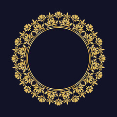 Damask Gold Round patterned border, Golden pattern with place for text, Floral frame, Ornament for decoration of cards and invitations, Circular arabic pattern, Round baroque ornament, Vintage frame