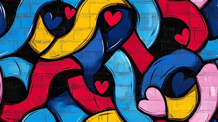 Obraz premium Graffiti-style pattern of interlocking rings with tiny hearts, vibrant colors, urban street background, spray paint textures, layered appearance, youthful and bold vibe, hd quality, seamless design.