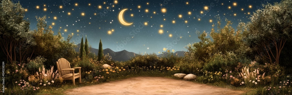 Canvas Prints a large poster of a starry night with a large moon. there is a bench in the foreground