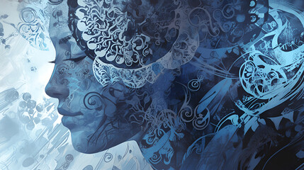 Vintage white paper  with a blue patterned background of blue, featuring antique details and intricate pattern.