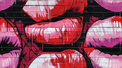 Graffiti-style pattern of lips and kiss marks, vibrant shades of red and pink, urban street background, spray paint textures, layered and bold appearance, hd quality, youthful and edgy vibe.