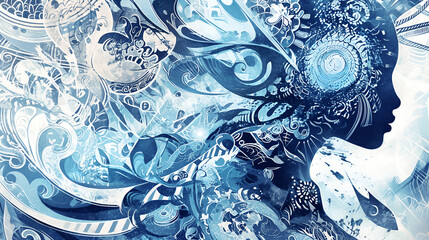 Vintage white paper  with a blue patterned background of blue, featuring antique details and intricate pattern.