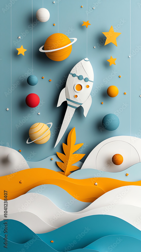 Poster exploring the cosmos a playful journey through space with colorful planets and a rocket adventure