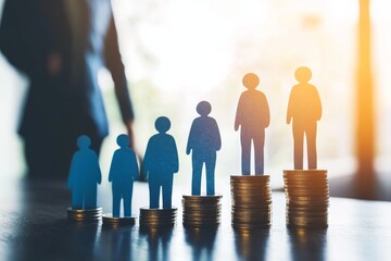 Paper people standing on a coin stacks. Insightful Analysis of Investment. Business Metrics, Performance Trends. Visual representation shows growth, success, achievement. Income gap. Market recovery